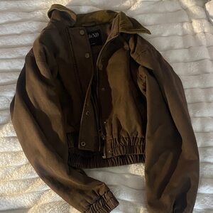 Brown Bomber Jacket with Corduroy Collar
